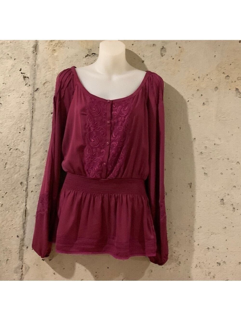 bebe Wine Colored Belle Du Jour Lace Bib Blouse - Size M